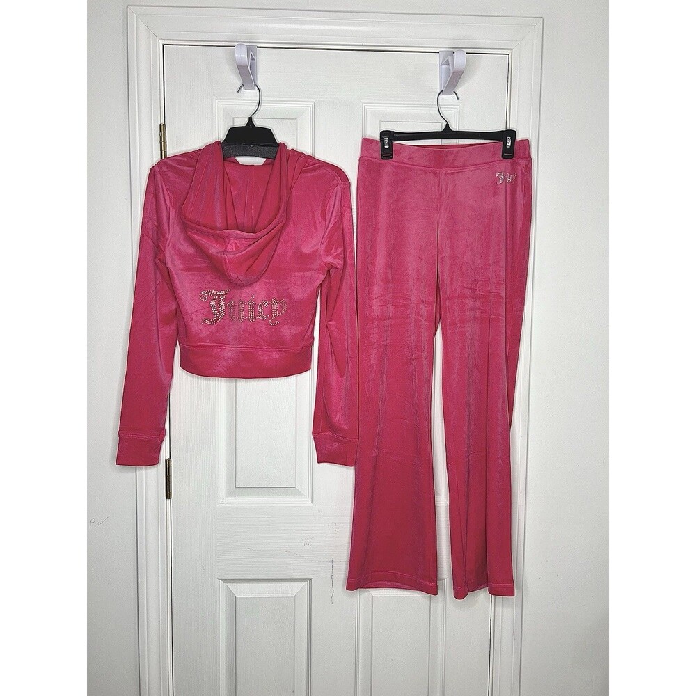 NWT Size L Juicy Couture Velour Tracksuit Set PINK PARTY Hoodie & Flare Pant